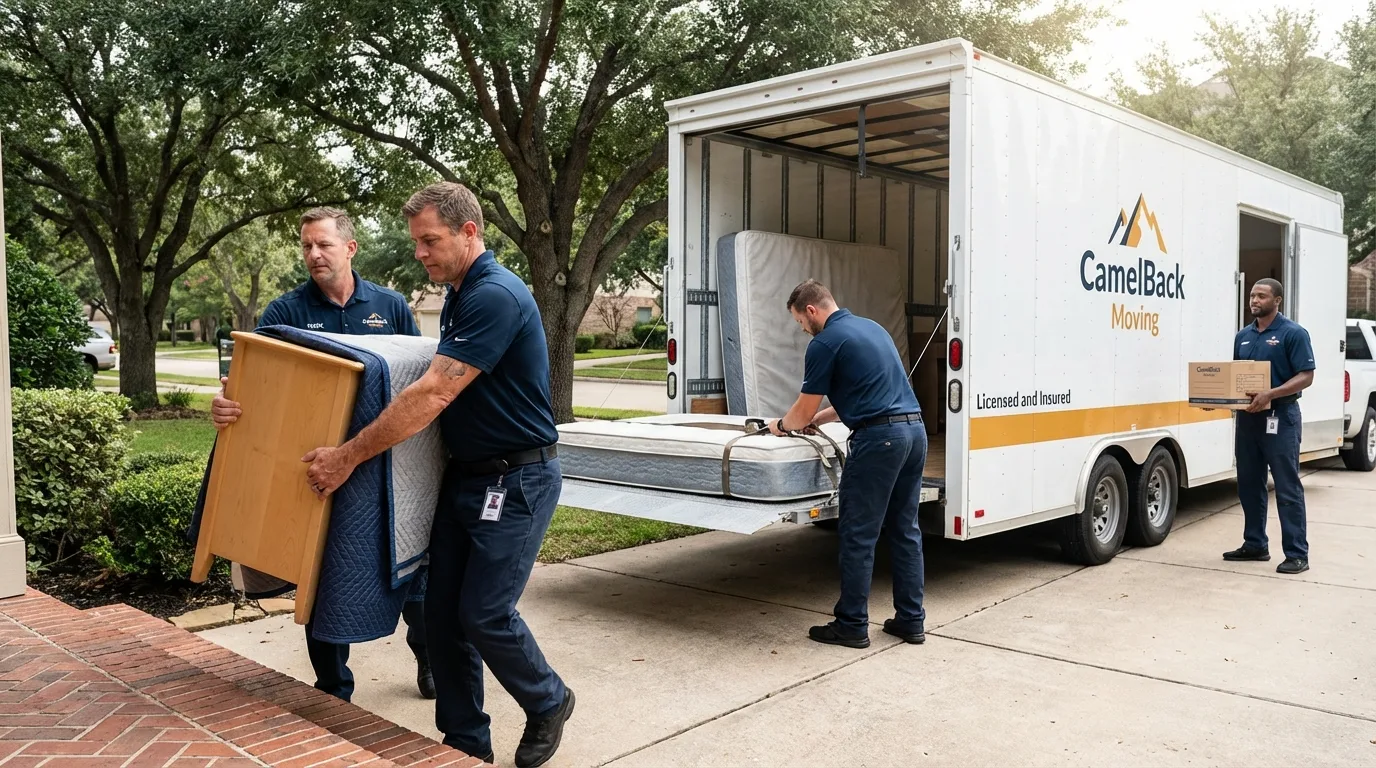 Crew loading residential truck for cross-state move from Van Nuys, CA
