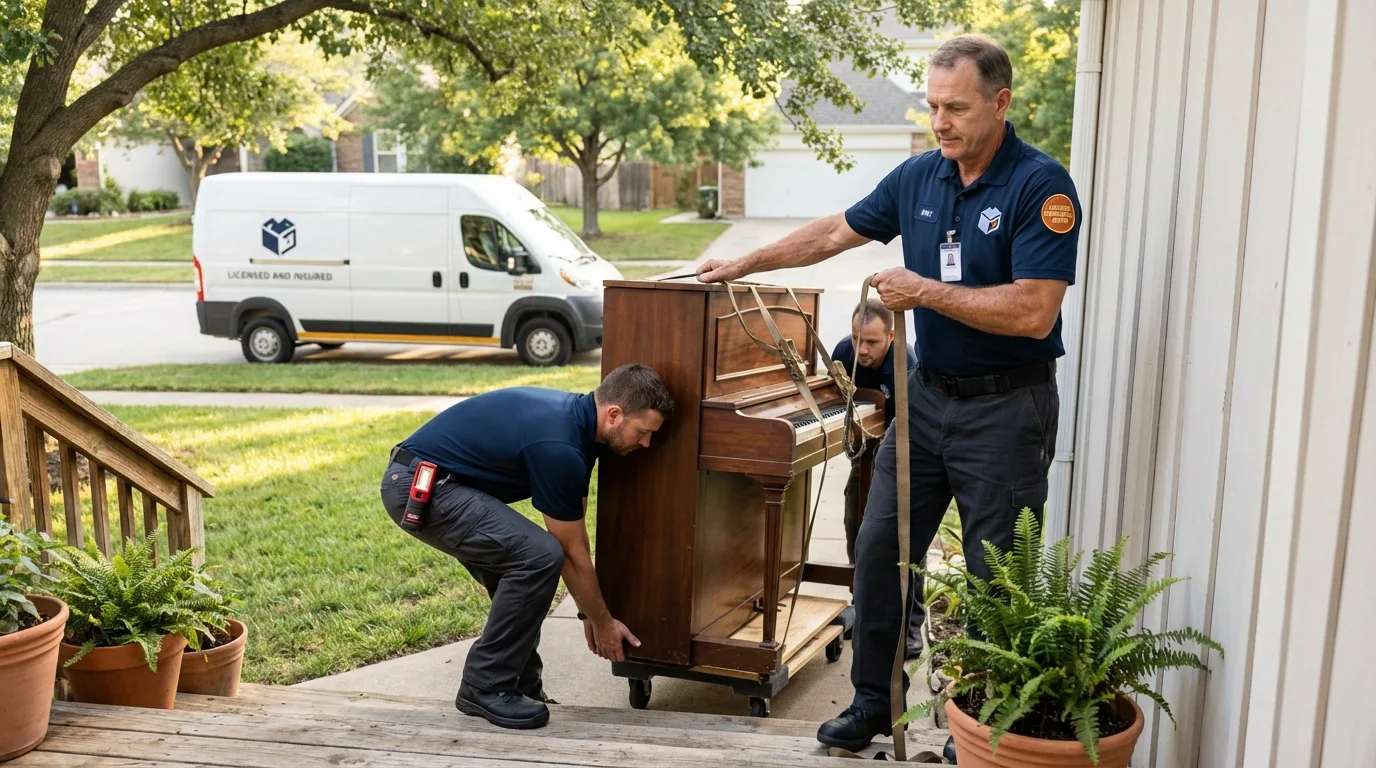 Licensed piano movers securing grand piano in Van Nuys, CA