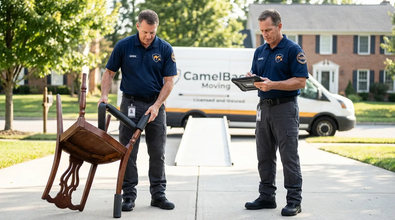Movers inspecting furniture for damage prevention before loading in Van Nuys, CA